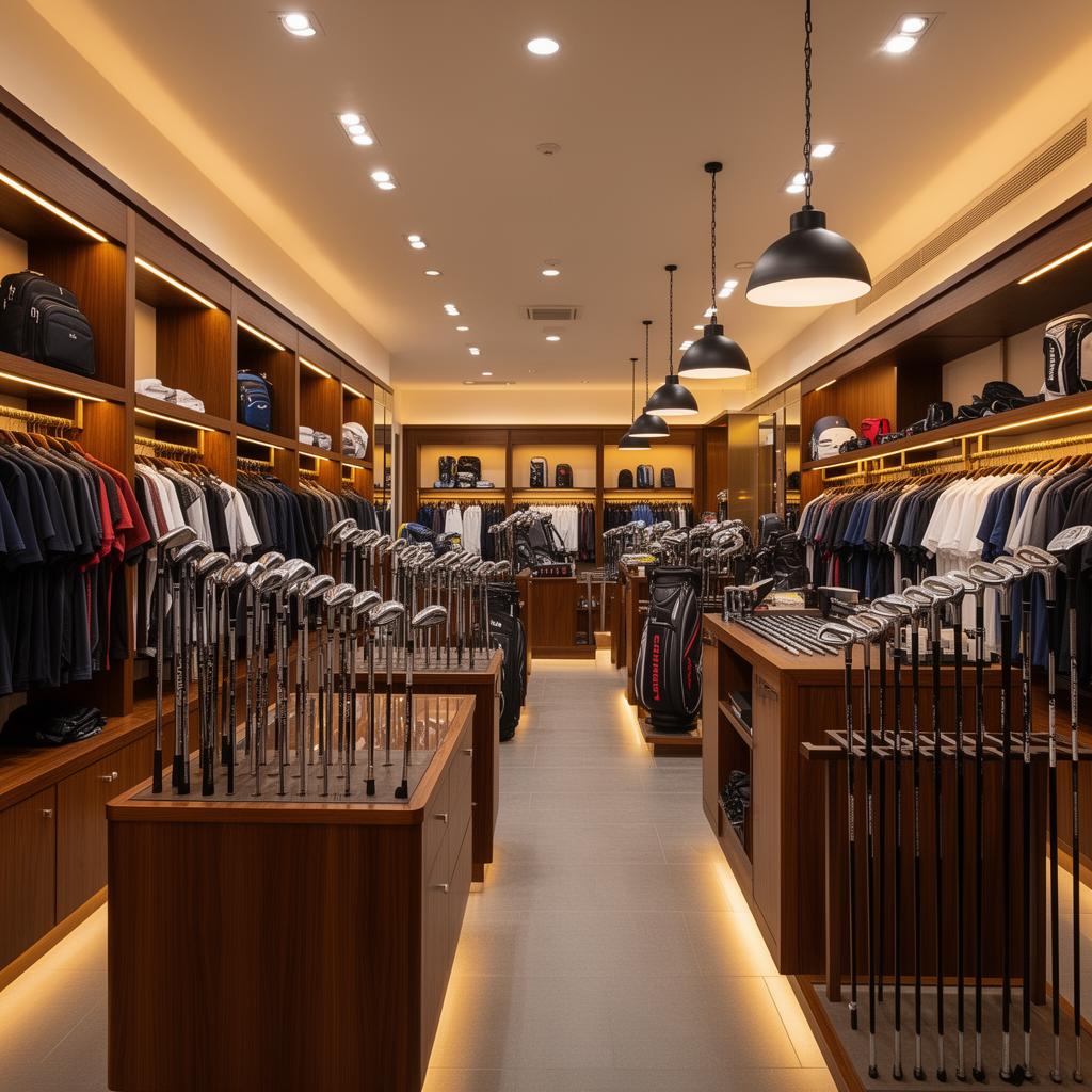 Golf pro shop interior with warm accent lighting