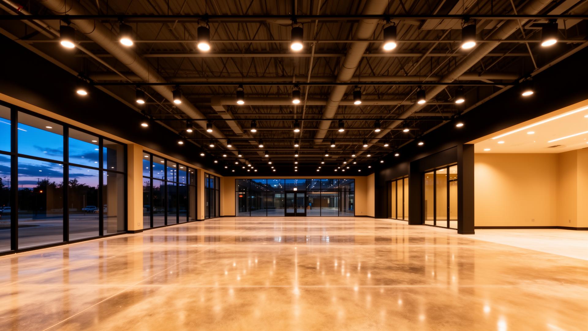 Modern commercial interior buildout at dusk