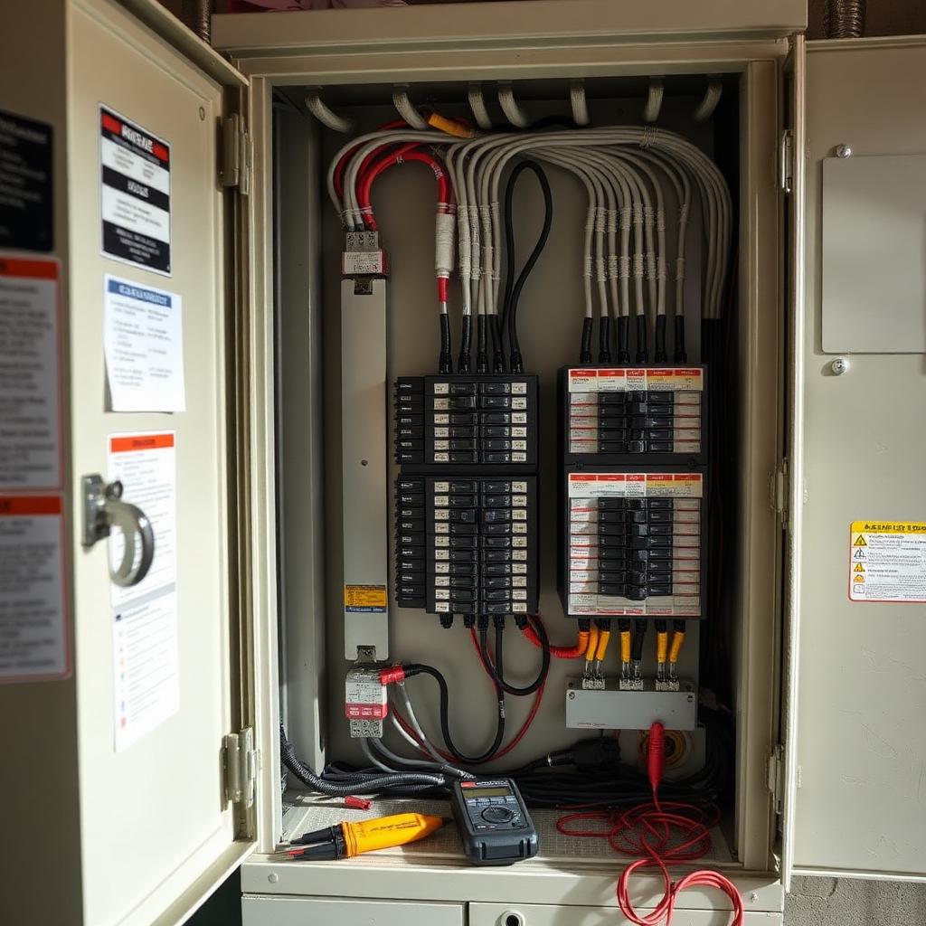 Electrician performing commercial electrical maintenance